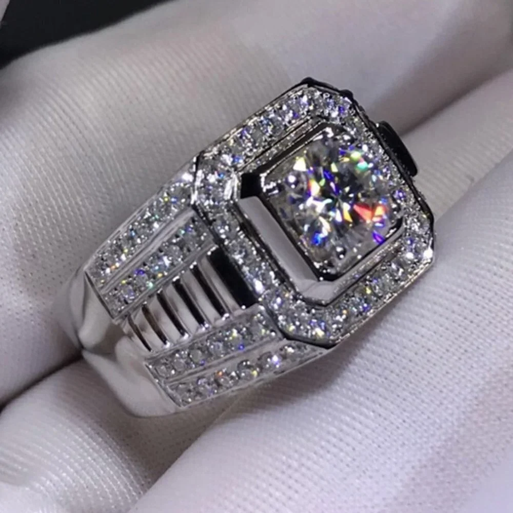 🍁 Fever Square Glitter Zircon Silver Chunky Wedding Rings for Man, PD663
